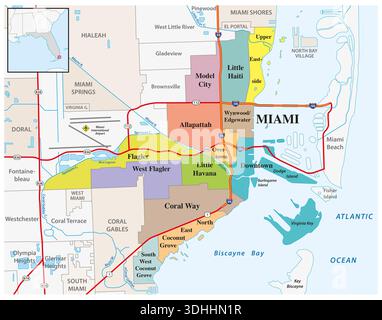 Aktuelle Verwaltungskarte der Stadt Miami, Florida, USA Stockfoto