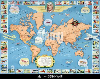 Diese farbenfrohe Weltkarte aus dem Jahr 1937 mit dem Titel „Famous Flights and Air Routes of the World“ zeigt transkontinentale Flugstrecken sowie Vignetten berühmter Flieger und legendärer Flugzeuge aus dem goldenen Zeitalter der Luftfahrt. Die Karte zeigt bedeutende Flüge und Porträts von Pionieren wie Amelia Earhart, die als historische Aufzeichnung früherer globaler Flugreisen dienen. Stockfoto