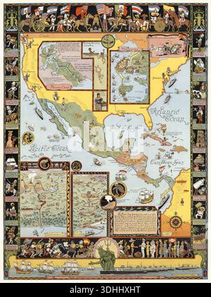 „YE Olde Spanish Main“ wurde 1933 von Jo Mora für Grace Line Company entworfen und ausgeführt – diese lebendige und detaillierte historische Karte aus dem Jahr 1930, genannt „der Marsch der Zivilisation“, wurde von Frank E. Schoonover erstellt. Es zeigt Nordamerika mit verschiedenen Karten und historischen Illustrationen rund um seine Grenze und zeigt bedeutende Ereignisse und Figuren von der Entdeckung bis hin zur modernen Zeit. Das Kunstwerk dient als visuelle Erzählung der Entwicklung und Erforschung des Kontinents. Stockfoto