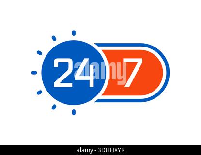 orange-blaues 24-7-Konzept. 24-7-Logo für Unternehmen. Stock Vektor
