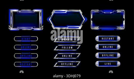 Futuristische ui-HUD-Rahmen und technische Tasten isoliert auf schwarzem Hintergrund. Vektor-realistische Illustration von neonblauen Web-Stream-Interface-Designelementen, Metallrahmen für Cyberpunk-Spielmenü Stock Vektor