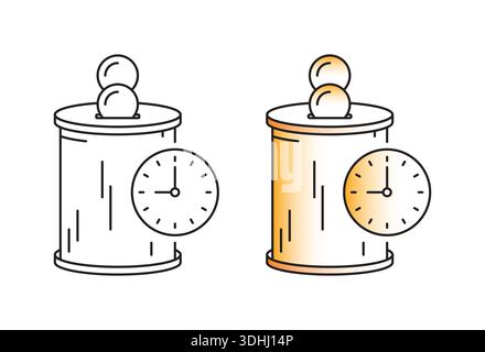 Schweinebank und Uhrenkonzept auf weißem Hintergrund. Analoge Uhr und Sparkasse Stock Vektor
