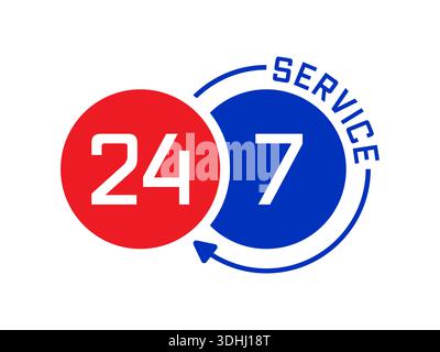 Rot-marineblaues 24-7-Konzept. 24-7-Logo auf weißem Hintergrund Stock Vektor