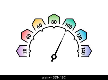 Halbrunder Tachometer. Farbenfroher Halbkreis 0-140 Tachometer. Wählschnittstelle für die Welt der Technologie und des Bildungswesens Stock Vektor