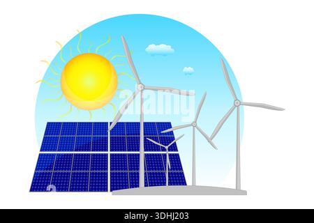 Sonnenkollektoren und Windturbinen.erneuerbare saubere Energie.nachhaltige grüne Energie.Naturenergiequellen.ökologische Energie.Sonnenkollektoren und Windturbinen Stock Vektor