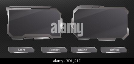 Futuristische ui-HUD-Rahmen und technische Schaltflächen isoliert auf transparentem Hintergrund. Vektor-realistische Illustration der Web-Stream-Schnittstelle aus Silber-Chrom, Designelemente, Metallrahmen für das Cyberpunk-Menü Stock Vektor