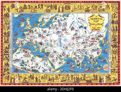 Diese 1925 erschienene „A Medieval Map of East and West“ von Stanley Arthur McCombs ist eine dekorative Weltkarte, die Europa, Asien und Nordafrika zeigt. Mit zahlreichen historischen Figuren, Ereignissen und mythischen Kreaturen illustriert, zeigt es eine Grenze, die die Evolution der Menschheit vom 5. Jahrhundert bis zum 20. Jahrhundert darstellt und bedeutende Perioden der westlichen Zivilisation hervorhebt. Stockfoto