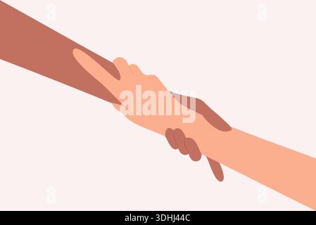 Zwei Hände mit unterschiedlichen Hauttönen halten sich gegenseitig an den Handgelenken. Konzept der helfenden Hand. Illustration des flachen Vektors Stock Vektor