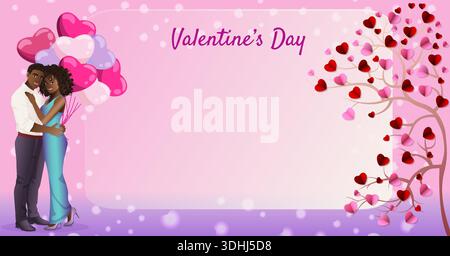 Schwarzes Paar mit herzförmigen Ballons und dekorativem Baum mit Herzen. Valentinstag-Design mit Kopierraum. Abbildung des horizontalen Vektors. Stock Vektor