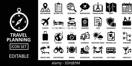 Ein detaillierter Symbolsatz für die Reiseplanung mit Symbolen für Ziele, Unterkünfte und Aktivitäten. Ideal für reisebezogene Inhalte oder Grafiken Stock Vektor