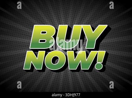 Eine auffällige und lebendige Grafik mit dem Text JETZT KAUFEN! In einem grünen Farbverlauf auf einem dunklen, radialen Hintergrund. Stock Vektor
