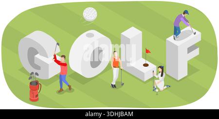 3D Isometrische flache Illustration von Golf Banner, Golfspieler in Aktion Stockfoto