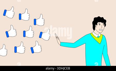 Der Mann steht und lehnt die Geste der Daumen hoch Symbole ab. Er hält seine Hand vor der Wand und blockiert die Daumen Stock Vektor