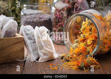 Glas mit getrockneten Ringelblumen für die Herstellung von Kräutertee. Teebeutel mit Heilkräutern filtern. Gläser mit verschiedenen gesunden Kräutern im Hintergrund Stockfoto