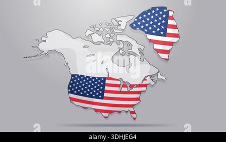 US-Flagge auf Nordamerika Grönland politische Karte Konzept mit territorialem Erwerb Idee flachen grauen Hintergrund Stock Vektor