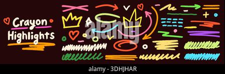 Pack mit farbigen Buntstiften auf dunklem Hintergrund. Farbe Krone, Pfeile, Herzen und Linien. Stock Vektor