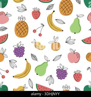 Frisches Obst Vektor nahtlose Muster Doodle Illustration Stock Vektor