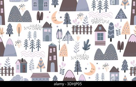 Niedliche Pastell Dorf Vektor nahtlose Muster Illustration Stock Vektor