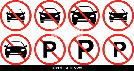 Kein Parken und keine Verbotsschilder mit Auto- und Parksymbolen Stock Vektor