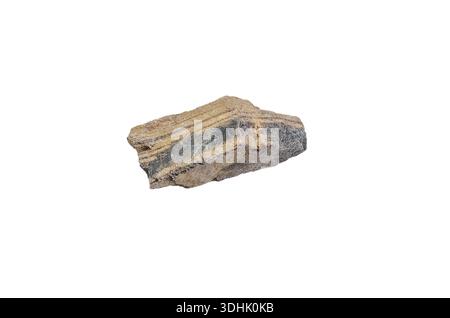Nahaufnahme eines geschichteten Sedimentgesteins mit unterschiedlichen dunklen und hellen Bändern auf weißem Hintergrund Stockfoto