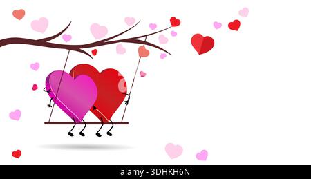 Ein Paar bereitet die Hochzeit vor. Karte oder Banner zum Valentinstag. Zwei liebevolle Herzen paaren sich. Valentinspaar. Niedliche Charaktere von Liebenden. Vektorabbildung. Stock Vektor