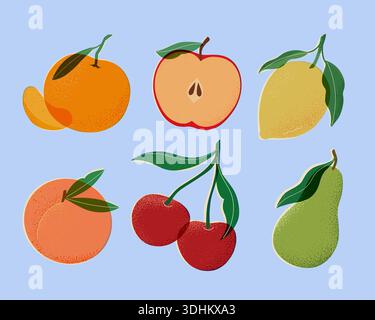 Obst und Beeren. Botanisches Vintage-Muster mit Apfel, Kirsche, Birne, Pfirsich, Zitrone, Clemetine risograph-Stil. Vektor-isolierter Satz. Stock Vektor