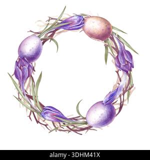 Ein runder Osterkranz mit rosa und lilafarbenen Blumeneiern und Krokussen. Aquarellillustration eines festlichen Dekors auf isoliertem Hintergrund. A Stockfoto