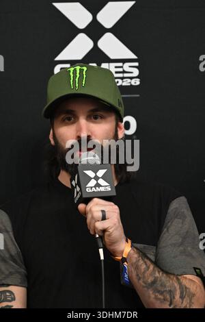 Aspen, Colorado, USA. Januar 2026. Brett TURCOTTE spricht während der Eröffnungspressekonferenz. Athleten aus aller Welt treten bei den X Games 2026 an, die im Buttermilk Mountain in Aspen, Colorado, stattfinden. (Kreditbild: © Kai River Kanzer/ZUMA Press Wire) NUR REDAKTIONELLE VERWENDUNG! Nicht für kommerzielle ZWECKE! Stockfoto