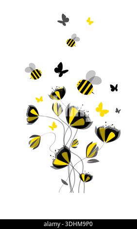 Abstrakte schwarz-gelbe Blumen und Bienen. Handgezeichnet. Nicht AI, Vektor Stock Vektor