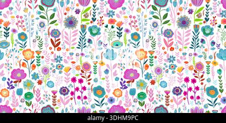 Nahtloses Muster schöne einfache Blumen. Kleine bunte Blumen. Handgezeichnet. Nicht AI. Vektorabbildung Stock Vektor