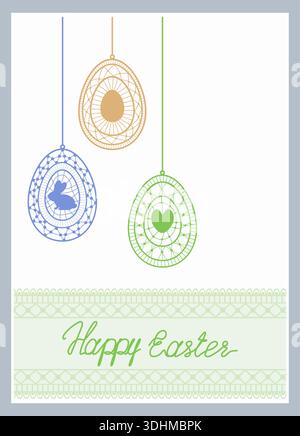 Osterkarte mit Spitzeneiern und der Aufschrift „Happy Easter“. Minimalistisches Osterdesign für Poster, Banner, Verkäufe und Grüße. Stock Vektor