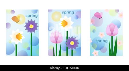 Moderne abstrakte Vektor-Illustrationen für Weihnachtsgrußkarten über ein Frühlingsthema mit Blumen und Schmetterlingen, Website und Social Media Banner, Marke Stock Vektor