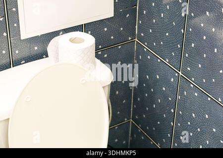 Abgewinkelter Blick auf die Porzellantoilette mit zwei Ersatzrollen oben vor strukturiertem blauem Fliesenhintergrund Stockfoto