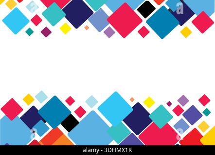 Helle abstrakte Komposition mit sich überlappenden Diamanten in kräftigen Farben entlang der oberen und unteren Ränder, die einen lebendigen Rahmen für Banner schaffen Stock Vektor