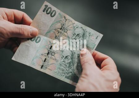 Tschechische Kronen-Banknoten vor einem weichen, verschwommenen Hintergrund. Konzept der Budgetierung, Einkommensmanagement und Finanzentscheidungen. Umgang mit Geld in Stockfoto