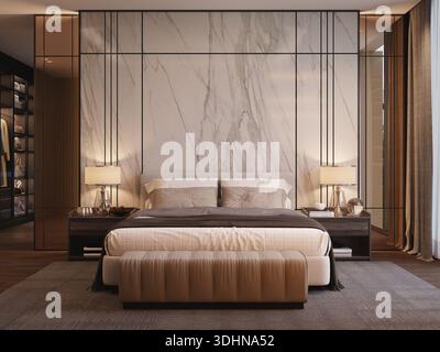 Luxuriöses Schlafzimmer in modernem Stil mit Marmor.3D-Verzierung Stockfoto