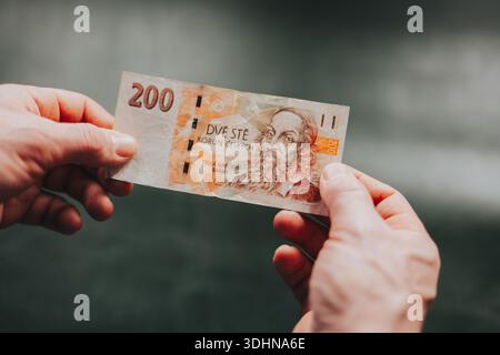 Hände, die tschechische Kronen-Banknoten halten und zählen. Konzept der persönlichen Finanzierung, Barzahlung, Budgetierung, Sparen, Inflation und Geldmanagement in Stockfoto