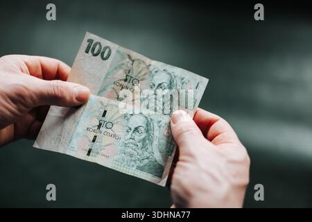 Hände, die tschechische Kronen-Banknoten vor einem weichen, verschwommenen Hintergrund zählen. Konzept der Budgetierung, Einkommensverwaltung und Finanzentscheidungen Stockfoto