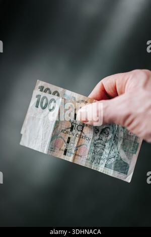 Tschechische Kronen-Banknoten in Händen, Bargeld zählen, persönliche Finanzen Stockfoto