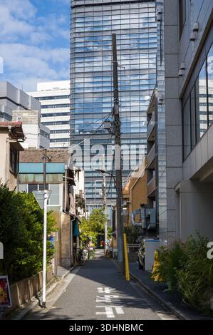 Tokio, Japan - 21. Oktober 2024: Das Bild zeigt eine enge Straße in Minato City, die von einer Mischung aus älteren flachen Häusern und modernen Bürohochhäusern gesäumt ist, mit Versorgungsmasten und Drähten, die unter teilweise bewölktem Himmel sichtbar sind. Stockfoto