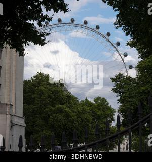 Ein teilweiser Blick auf das London Eye ist durch Bäume und Eisenzäune am Südufer der Themse in London, Großbritannien, zu sehen. Die legendären Riesenräder Stockfoto