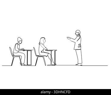 Minimalistische einzeilige Zeichnung, die einen Lehrer zeigt, der zwei sitzenden Schülern mit Schreibtischen in einer Lernumgebung Informationen präsentiert Stock Vektor