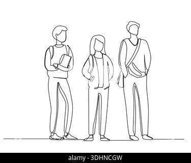Kontinuierliche Strichgrafik-Illustration mit drei jungen Studenten, einer mit einem Buch und einer mit einer Kuriertasche, die zusammen stehen Stock Vektor