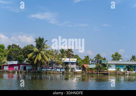 Alappuzha, Indien - 6. März 2023: Mehrere Gebäude am Flussufer mit sichtbaren kommerziellen Schildern, darunter „Gayathri“ und „Smart Fit Ayurveda Massage“, werden entlang des Nebenwassers mit Palmen und einem klaren Himmel im Hintergrund gesehen. Stockfoto