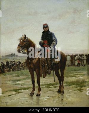 Ein berittener Offizier von Jean Baptiste Edouard Detaille, 1877, französischer Kavallerie-Offizier auf Pferd in Uniform mit Soldaten und Artillerie im Hintergrund Stockfoto