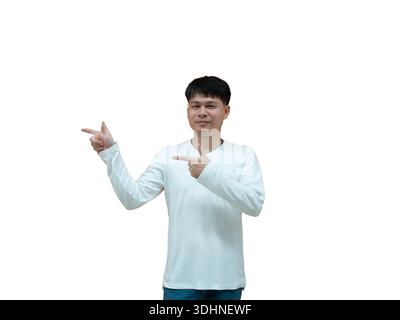 Geschäftsmann männliche Person Leute Geschäftsmann Mann Zeigefinger fröhlich Geschenk Werbung Marketing Verkauf weiß isolieren Hintergrund Dicut Wallpap Stockfoto