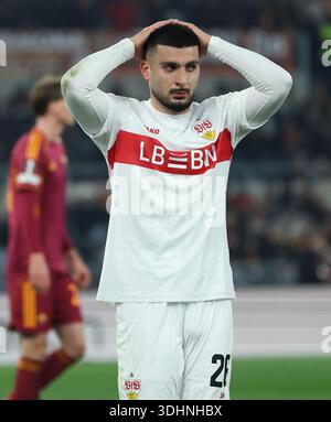 Rom, Italien. Januar 2026. Stuttgarter Deniz Undav reagiert auf das Spiel der UEFA Europa League 2025/26 zwischen Roma und Stuttgart der UEFA Europa League in Rom, Italien, 22. Januar 2026. Quelle: Li Jing/Xinhua/Alamy Live News Stockfoto