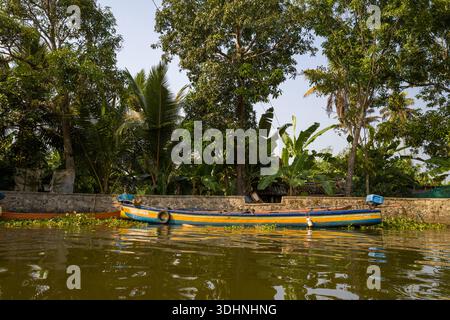 Alappuzha, Indien - 7. März 2023: Ein blau-gelbes Holzboot liegt entlang eines Kanals, der von einer Steinmauer umgeben ist, mit dichter tropischer Vegetation und Bäumen, die am Ufer sichtbar sind. Stockfoto