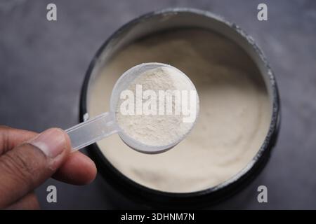 Messen des Pulvers aus dem Behälter mit einem Messlöffel in der Hand Stockfoto