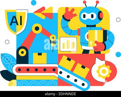 KI-Robotik in der Industrie Vektor-Illustration mit intelligenter Automatisierung, Industrierobotern, Hintergrund für Advanced Manufacturing Technology Stock Vektor